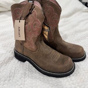 Ariat Brown and Pink Western Boots with Distressed Leather